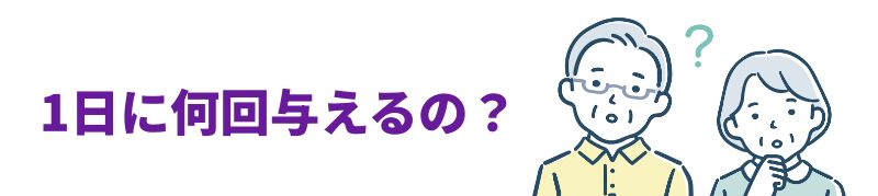 白い背景に、紫色の太字で「1日に何回与えるの？」と書かれたバナー風イラスト。右側では眼鏡をかけた白髪の高齢男性が黄色のシャツ姿で、女性は青緑の服で人差し指を顎に当てて考え込む姿で描かれ、二人の間に緑色の「？」が浮かんでいる。