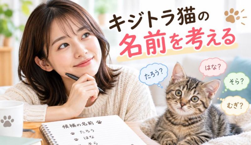 キジトラ猫の名前を考えている女性の画像