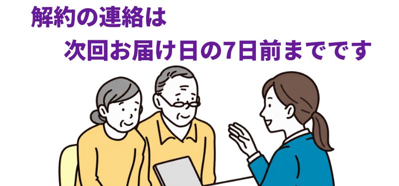 「解約の連絡は次回お届け日の7日前までです」の案内イラスト。ノートパソコンを前に、女性スタッフに相談する高齢の夫婦。