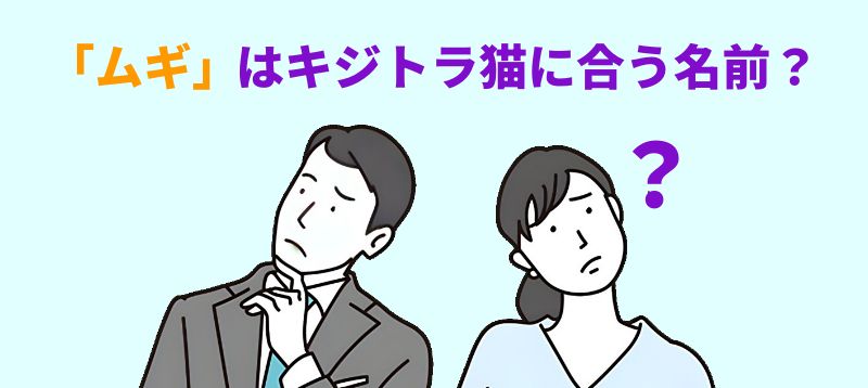 「ムギ」はキジトラ猫に合う名前なの？と言う男女のイラスト